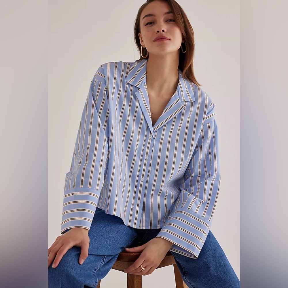 Selected Femme Button-Up Shirt Top Striped Blue Women Sz 36 Small Boxy Oversized